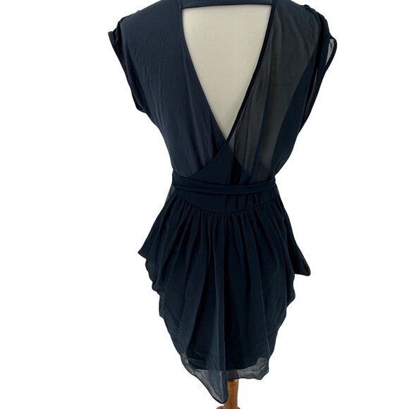 Bebe Navy Blue Wrap-Style Dress With Sheer Overlay & Belted Waist Size M - Picture 3 of 7